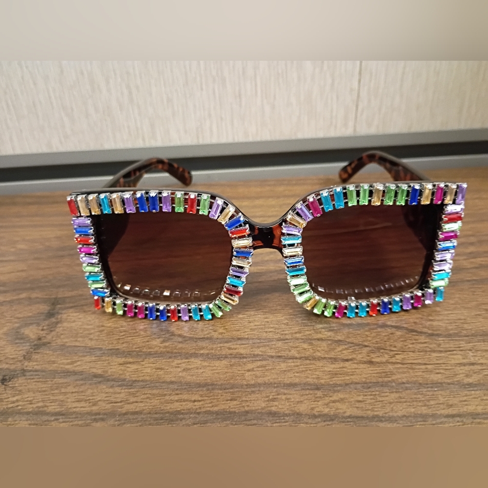 Tortoiseshell Square Sunglasses with Multicolor Crystal Trim